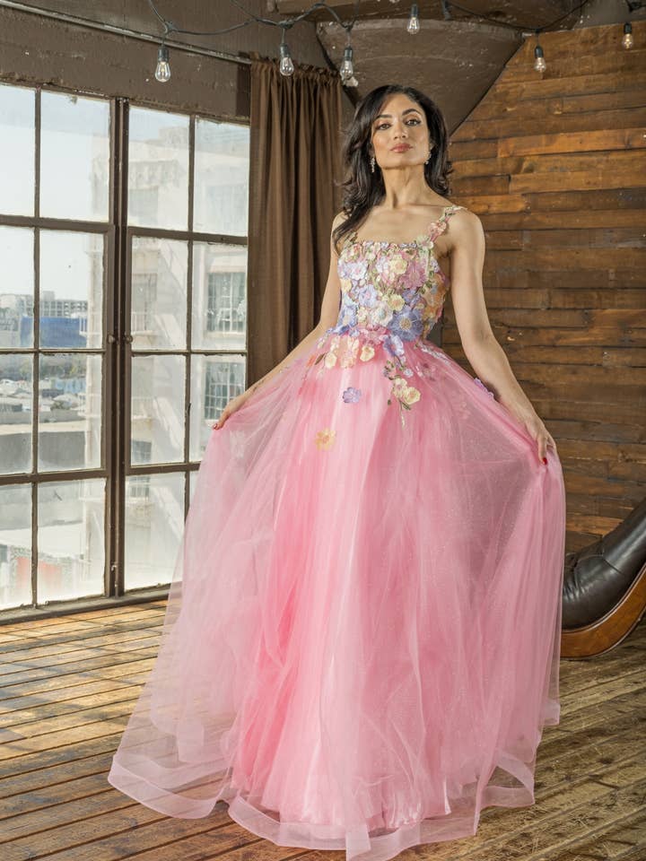 La Veneto - Wholesale Dress – Women's - V-neckline, thin straps, multi colored floral applique & leg0