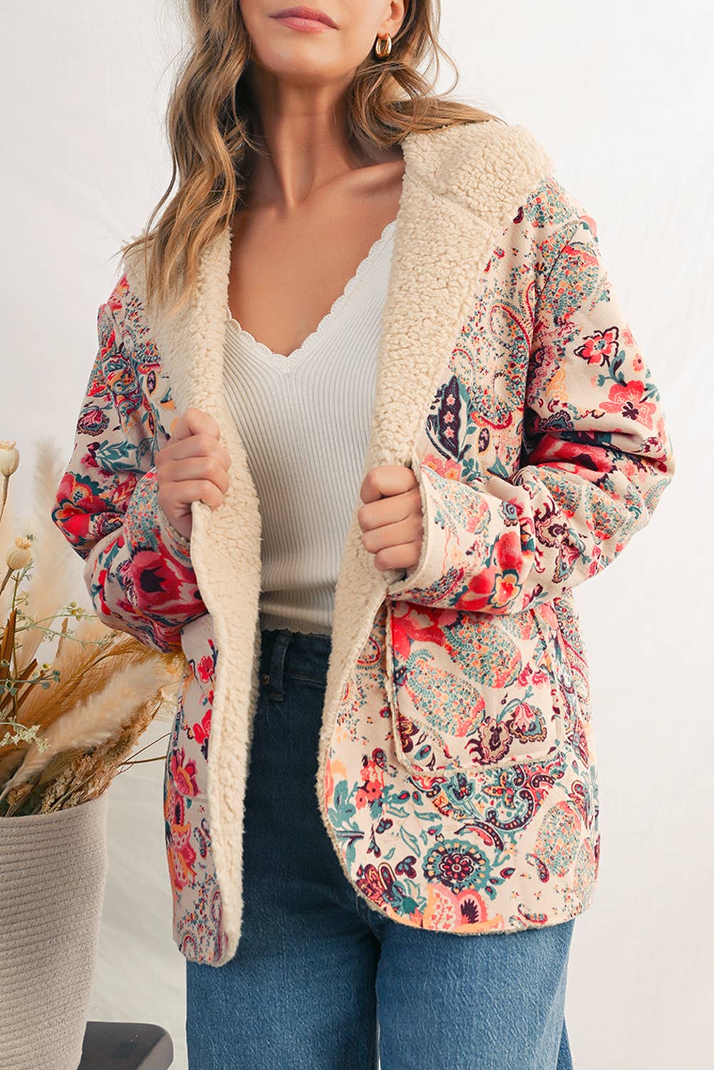 As shown Paisley Floral Print Sherpa Lined Hooded Jacket | S-XL for wholesale on Faire7