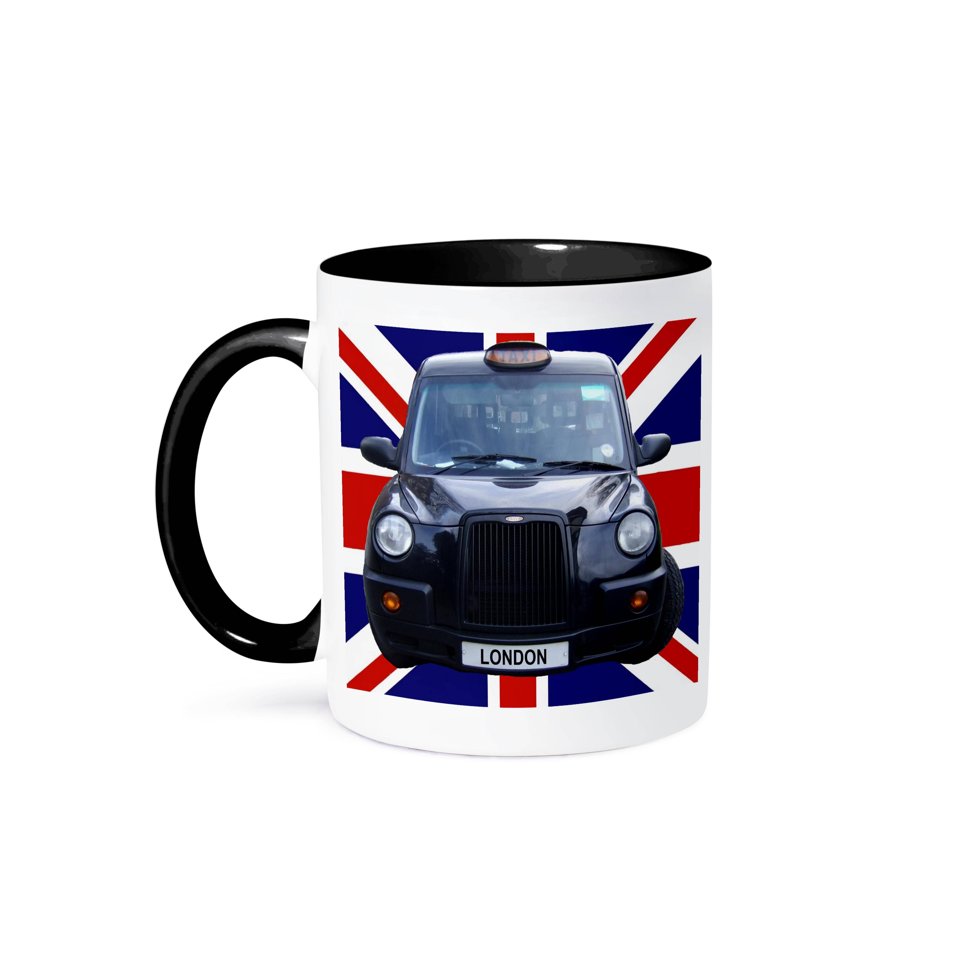 3dRose – wholesale Coffee mug – 3dRose, London Black Taxi Cab on British Flag union Jack background - UK Great Britain United Kingdom Travel, Mug0