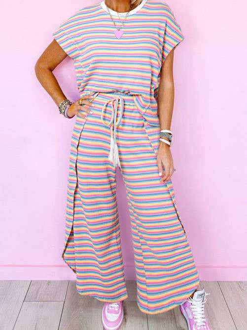 Striped Tee Tasseled String Wide Leg Pants Set for wholesale by Crossed Arrows Clothing Wholesale co.