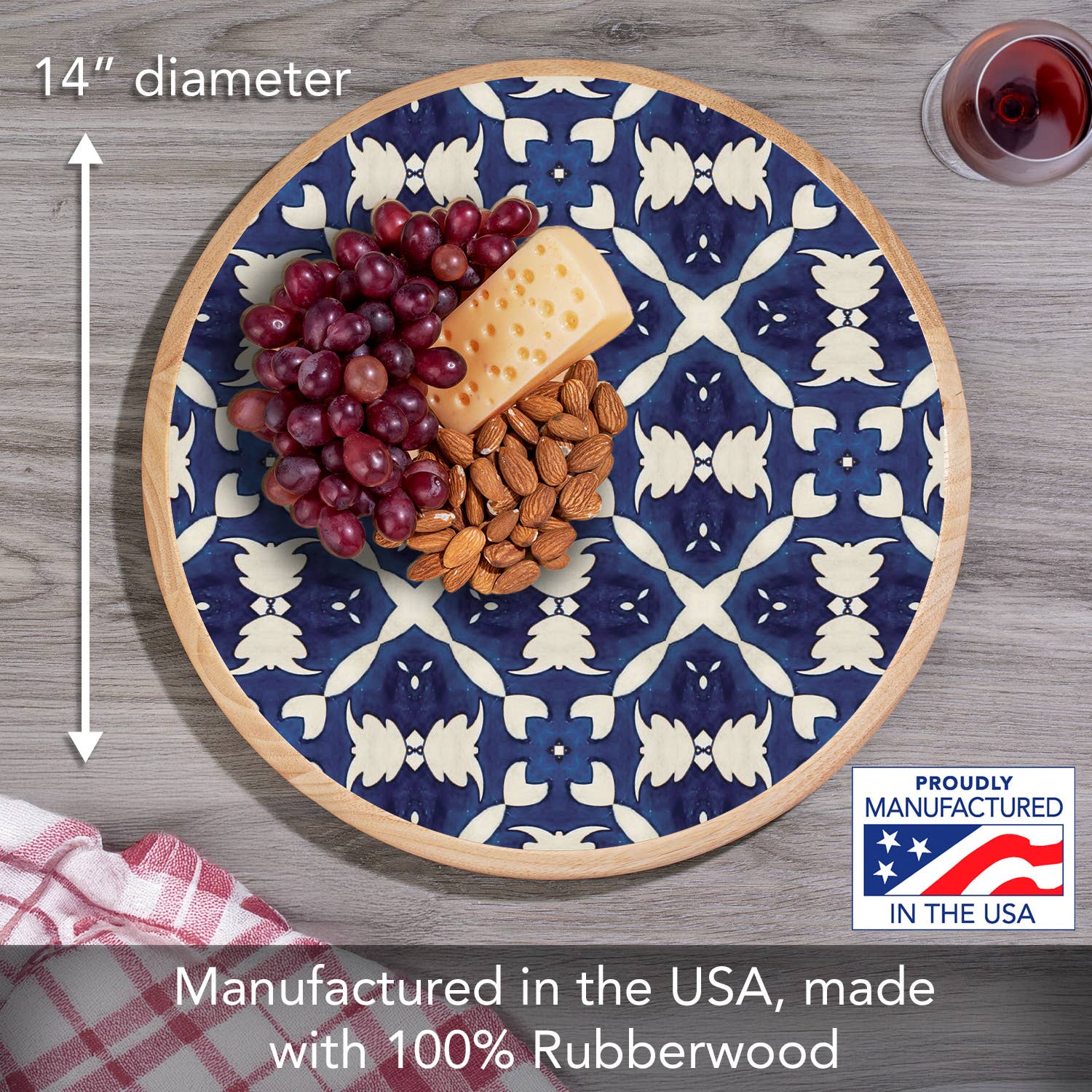 CounterArt/Highland Home/Thirstystone - Wholesale Lazy Susan - "White & Blue Tile" Rubber Wood Lazy Susan Turntable 14"6