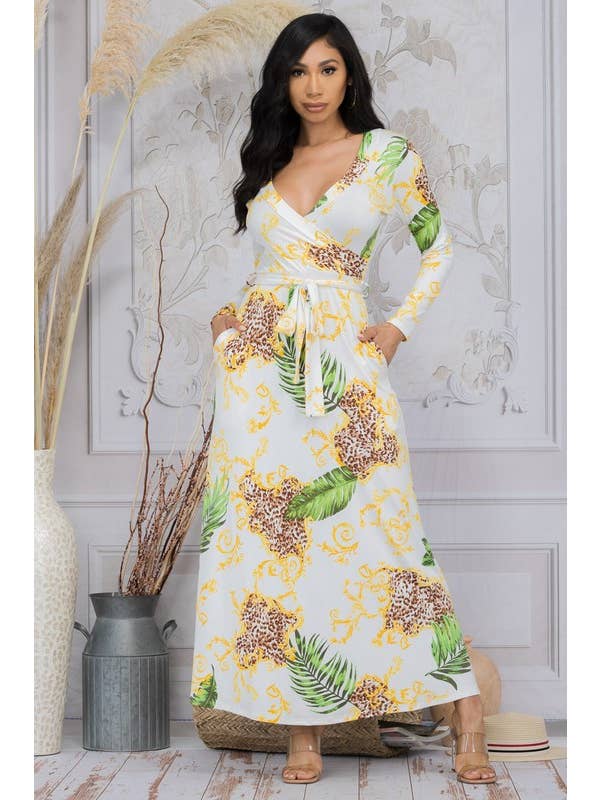 H&H Fashion Inc. - Wholesale Dress - Women's - SAN149X-PLM - Leopard Palm Print Long Sleeve Maxi Dress