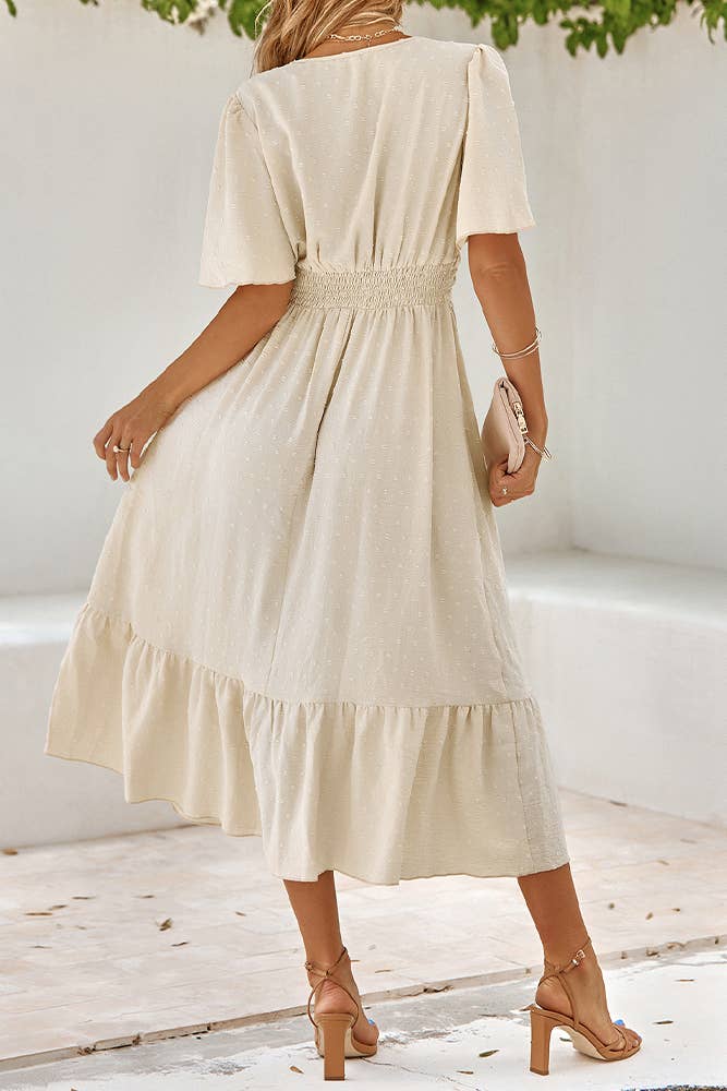 UNISHE - Wholesale Dress - Women's - Swiss Dot V Neck Ruffle Sleeves Dress SN1603