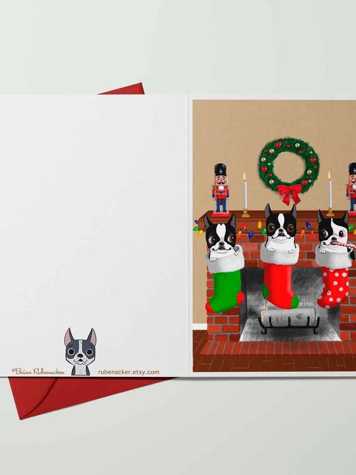 Boston Terrier, tarjeta de Navidad, saludos navideños para venta al por mayor de Brian Rubenacker studios