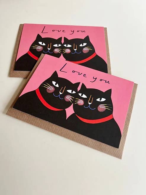 Love You Black Cats Eco Greeting Card for wholesale by Kitty Kenda Papergoods