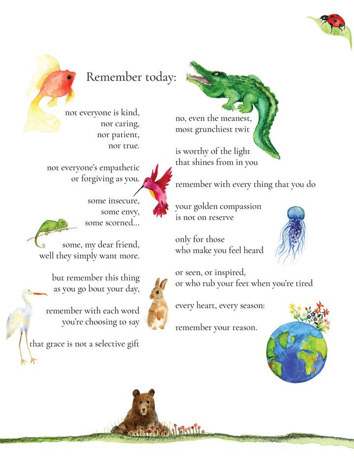 Remember Kindness- Poem with Watercolor Illustrations- Original Print- signed by the artist, Kate Marie Sulick for wholesale by Kate Marie Sulick