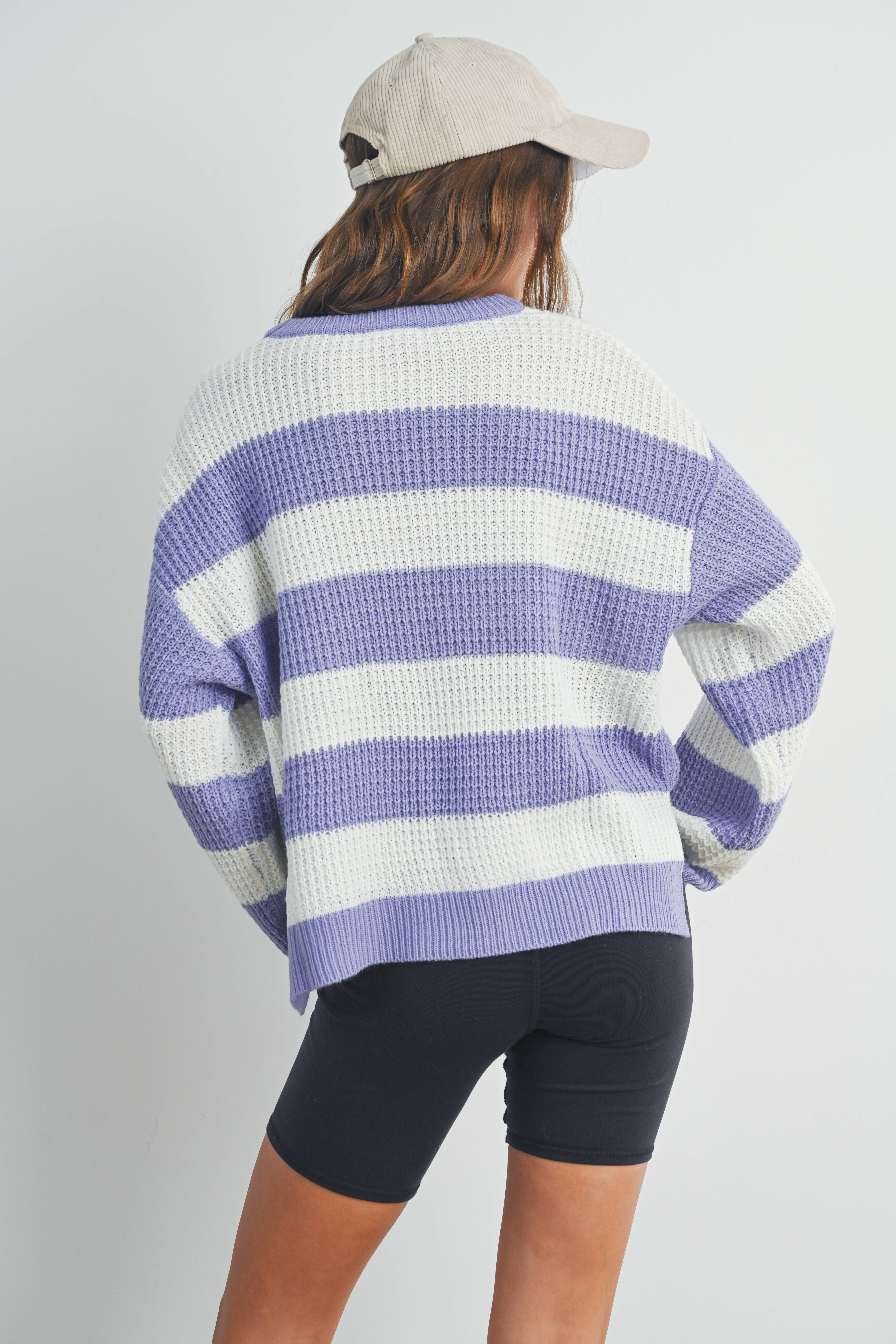 BUTTERMELON - Wholesale Knit Sweater - Women's - Striped Round Neck Long Sleeve Sweater - BMW732923