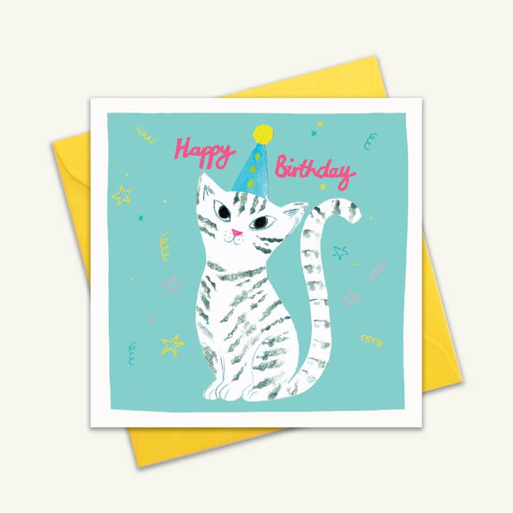 Party Kitty Cat Blank Birthday Greetings Card for wholesale by Kate Read Illustration