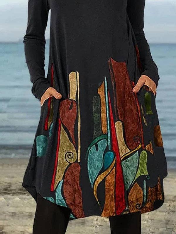 BLACK Casual Long Sleeves Loose Contrast Color Printed Round-Neck Mini Dresses for wholesale on Faire2