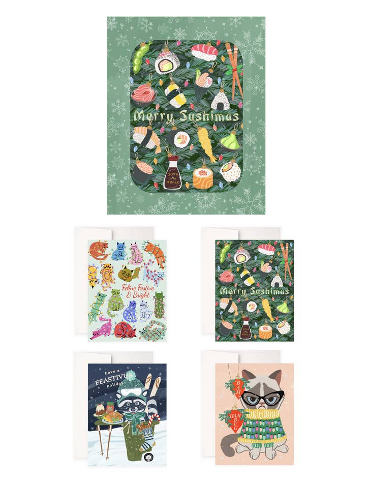 Quirky Cats & Holiday Fun Christmas Boxed Card Set – 8 Cards for wholesale by Artistry Cards