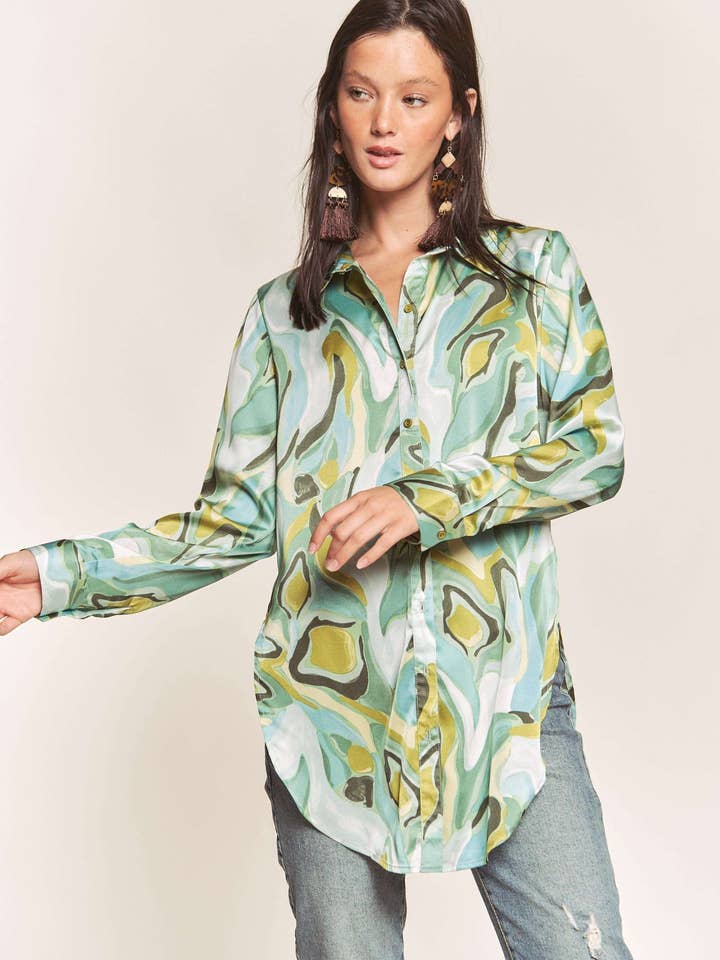 BUTTON DOWN PRINTED SATIN SHIRT WITH LONGSLEEVE for wholesale by Hers & Mine