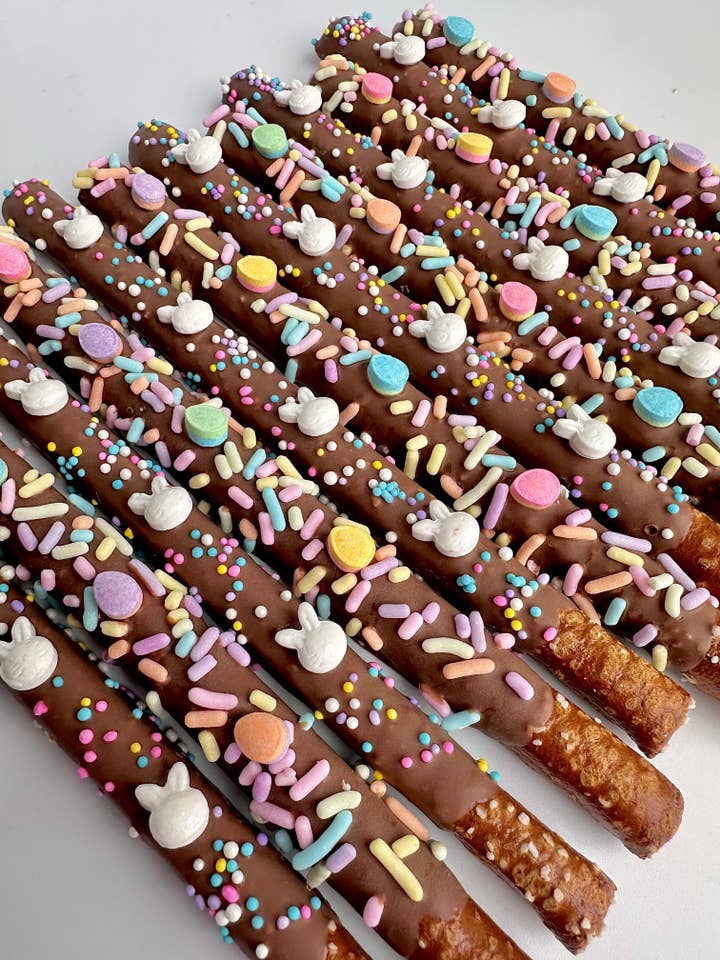 Easter Decorated Milk Chocolate Covered Pretzel Rods for wholesale by Delightful Chocolates