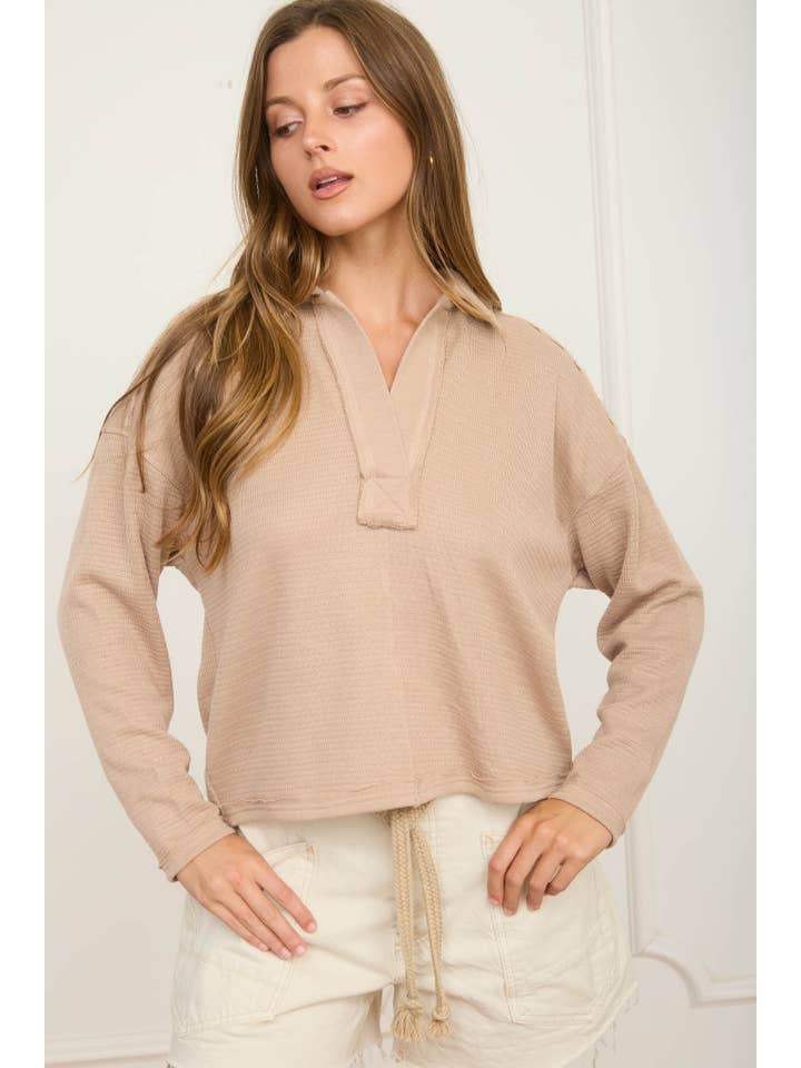 J.O.A - Wholesale Knit Top - Women's - EXPOSED SEAM LONG SLEEVE TEXTURED KNIT POLO23