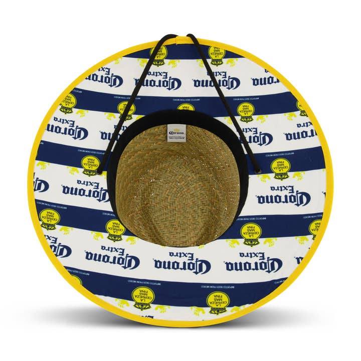 True Religion - Wholesale Straw Hat - Unisex - Corona Extra Branded Straw Sun Hat with Blue and Yellow Striped Brim