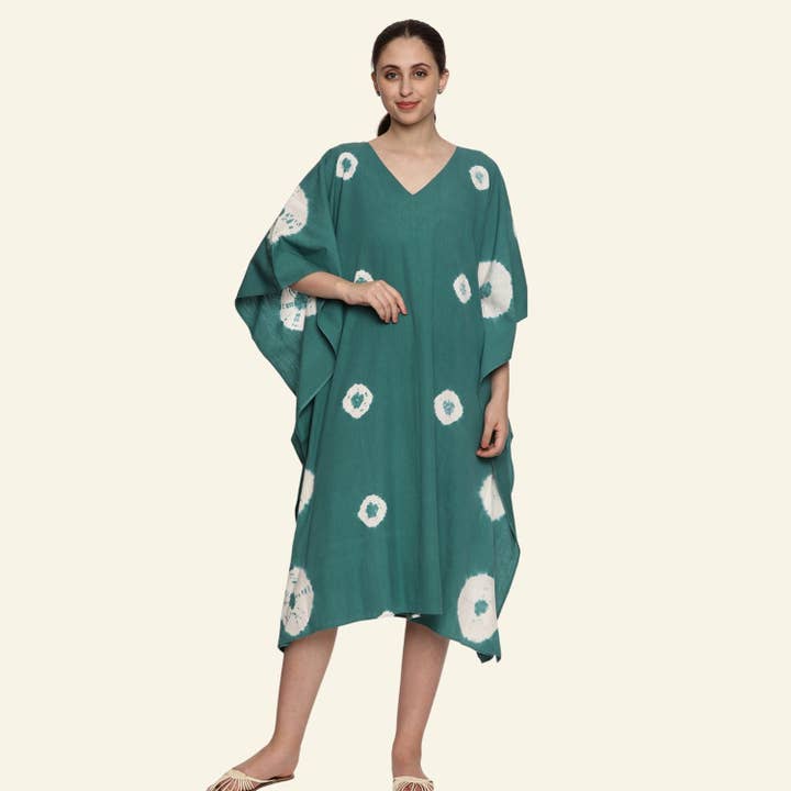 Robe caftan en coton tissé à la main, vert émeraude, tie-dye pour la vente par HeritageModa
