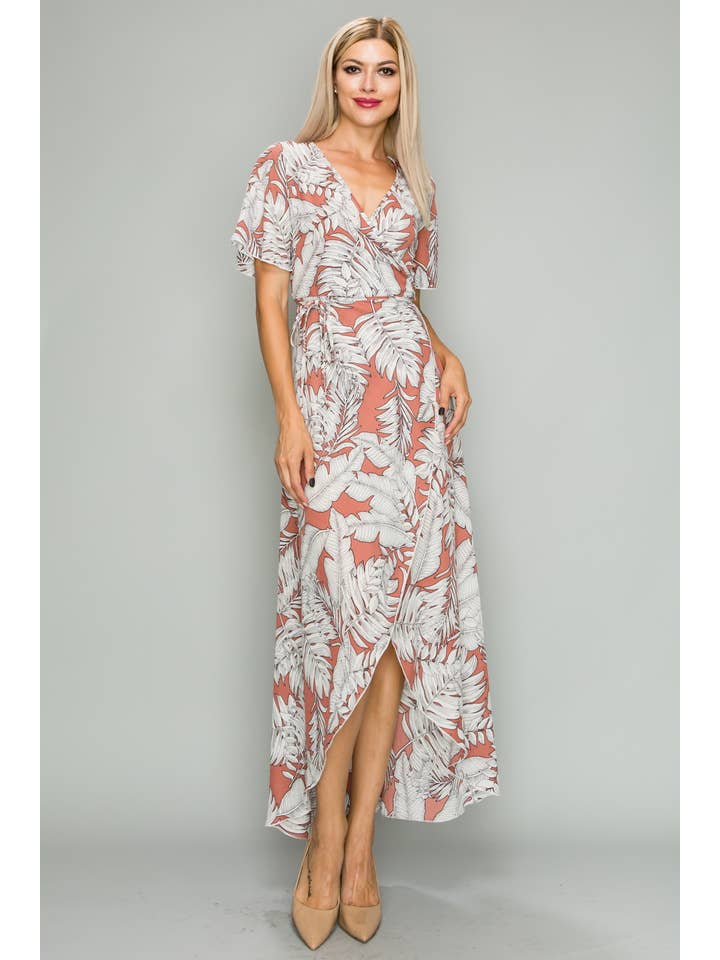 Pink Short Sleeve Kimono Tropical Wrap Maxi Dress for wholesale on Faire