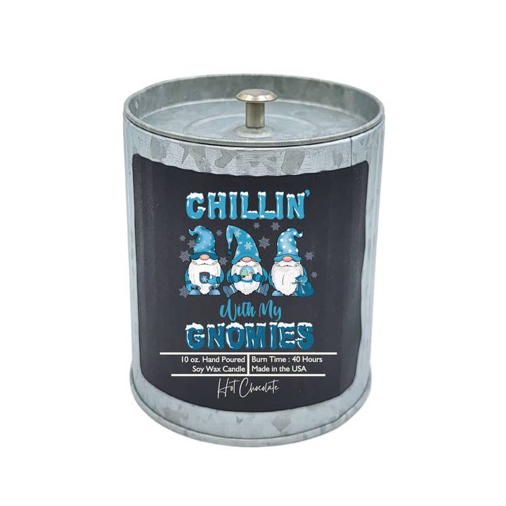 Chillin' with my Gnomies - Rustic Tin Holiday Candles for wholesale by Driftless Studios