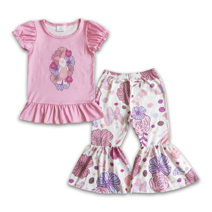 Pink floral shirt bell bottom pants kids girls clothes for wholesale by Yawoo Garments