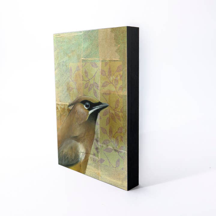Cedar Waxwing Wood Panel Giclée Print for wholesale by Orphan Girl Fine Art