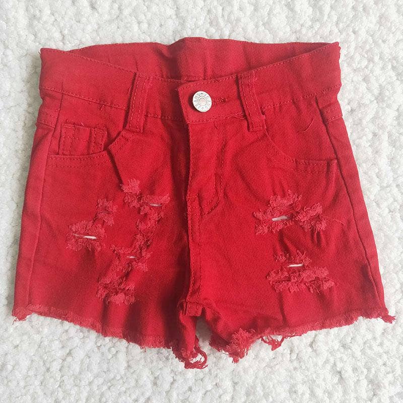 Yawoo Garments - Wholesale Shorts - Kids - Girl Red distressed denim shorts1