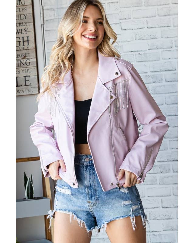 Rhinestone Fringe Faux Leather Moto Jacket for wholesale by MintChoco