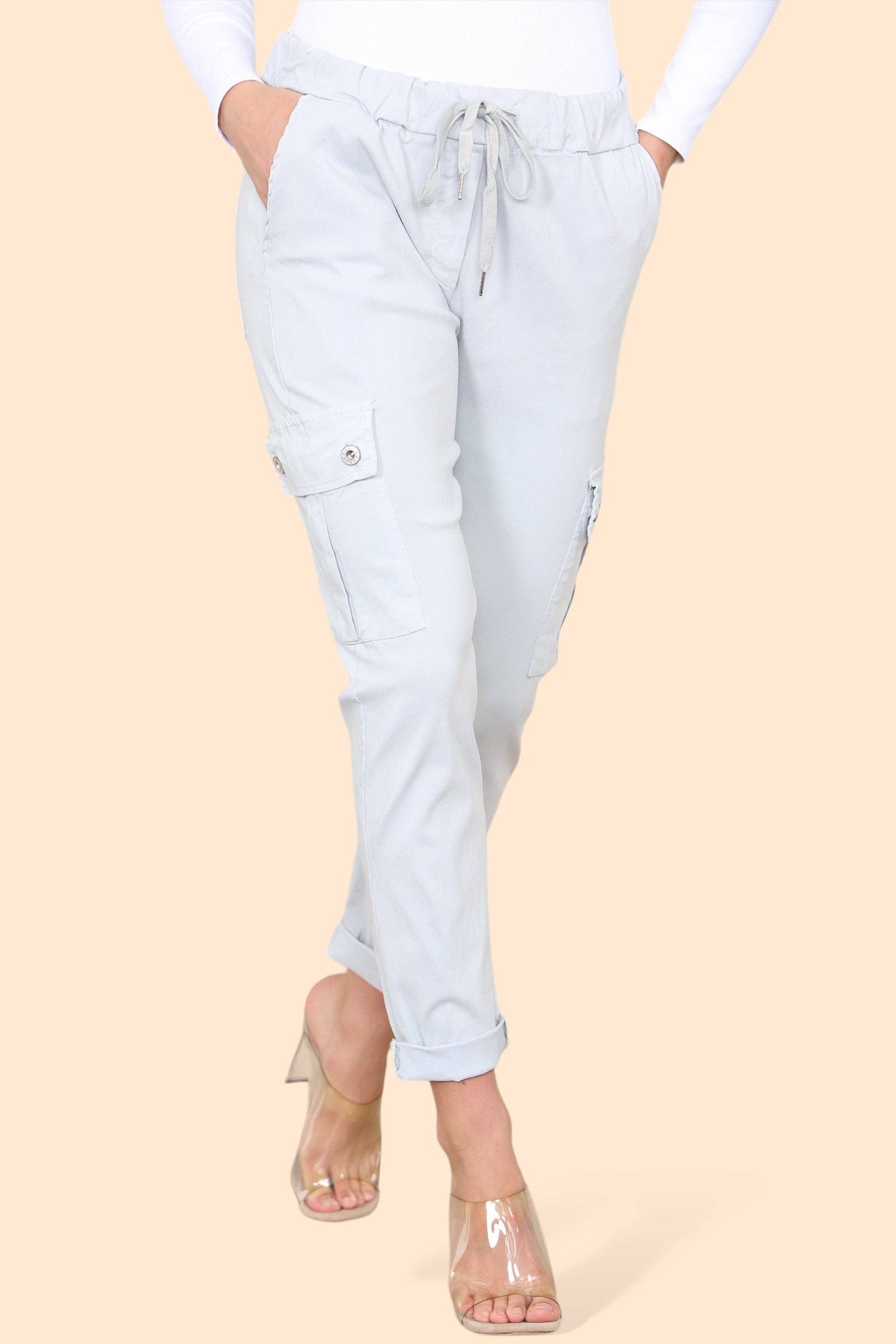 Kurt Muller – wholesale Pants – Women's – Plain Cargo Stud Pocket Bi-Stretch Magic Trousers8