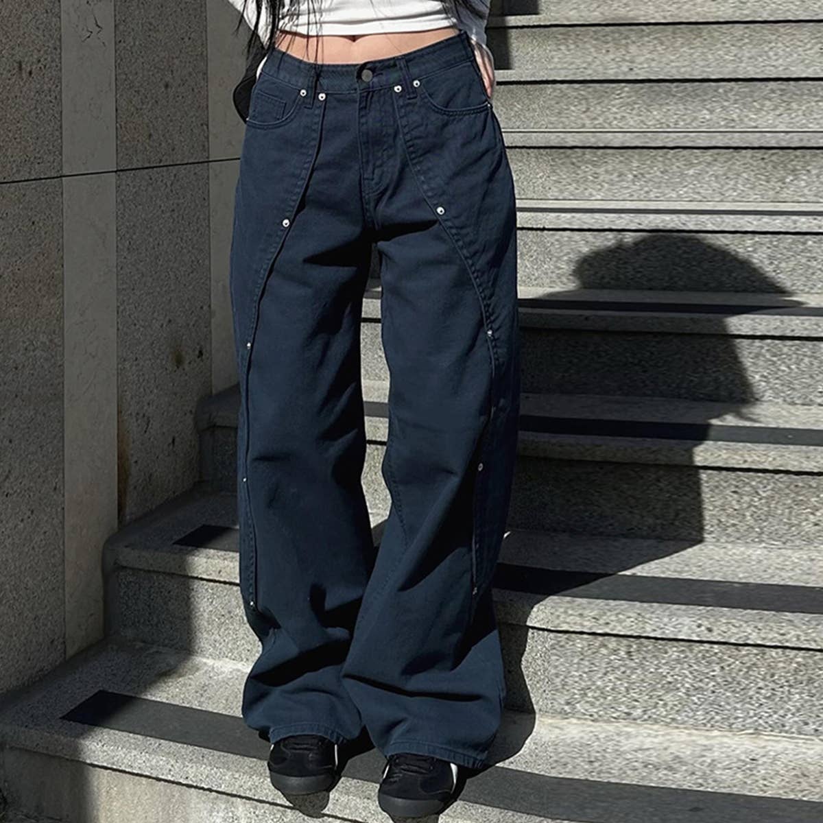 BLUE RIVET SPLIT LOW-RISE BAGGY DROP WIDE-LEG JEANS for wholesale on Faire0