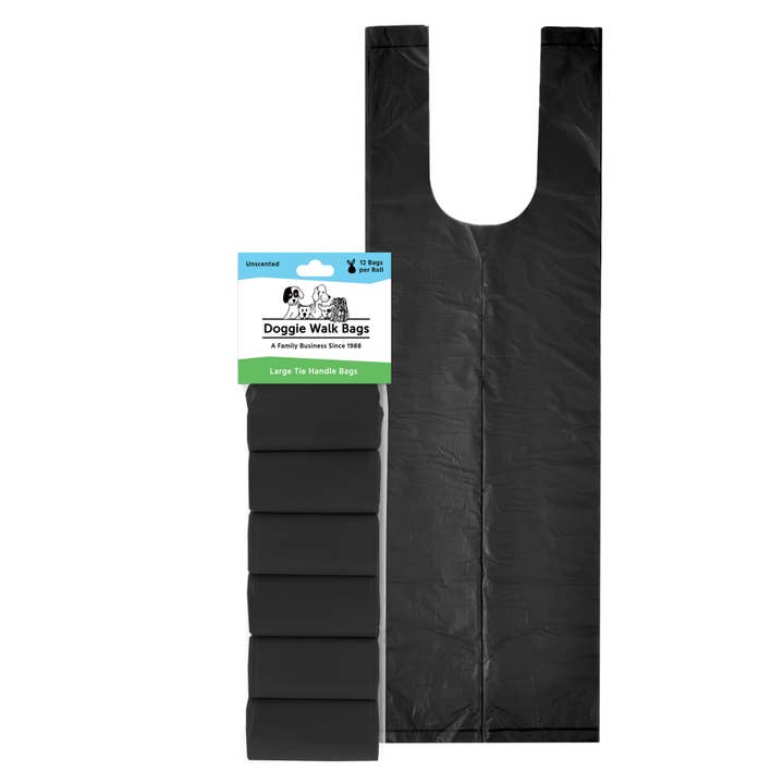 Doggie Walk Bags - Wholesale Pet Poop Bag - 6 Roll Black Tie Handle Dog Poop Bags, 72 Count