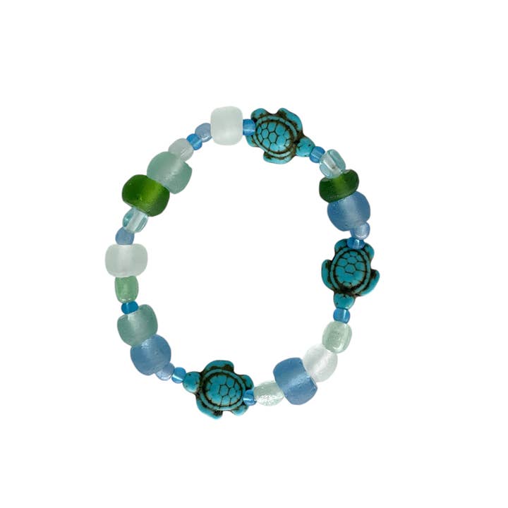 Maka Imports – wholesale Beaded bracelet – Recycled Sea Beach Glass Stretch Bracelet Turtle Beads
