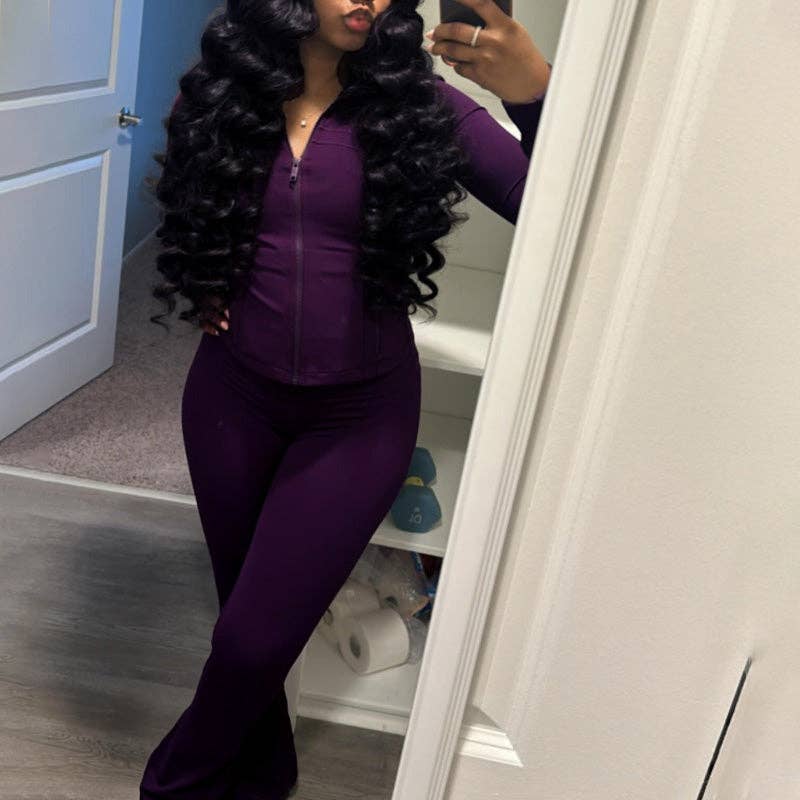 MB Fashion Wholesale - Vente Ensemble de vêtements d'intérieur – femme - ENSEMBLE DEUX PIÈCES À MANCHES LONGUES AVEC FERMETURE ÉCLAIR ET JAMBES ÉVASÉES HR2405712