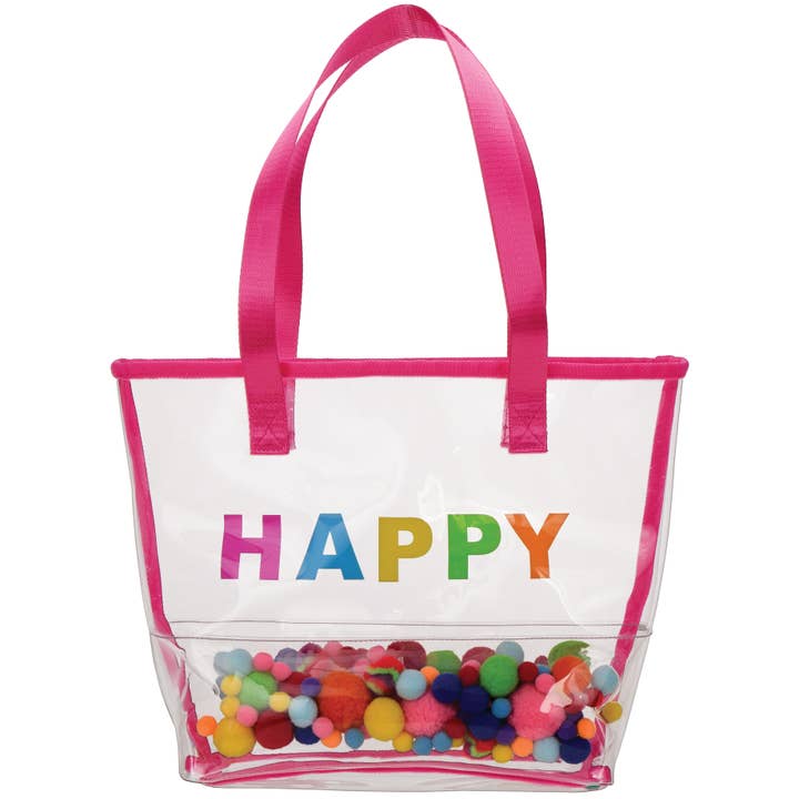 HAPPY CLEAR TOTE BAG WITH POM-POMS for wholesale by Iscream