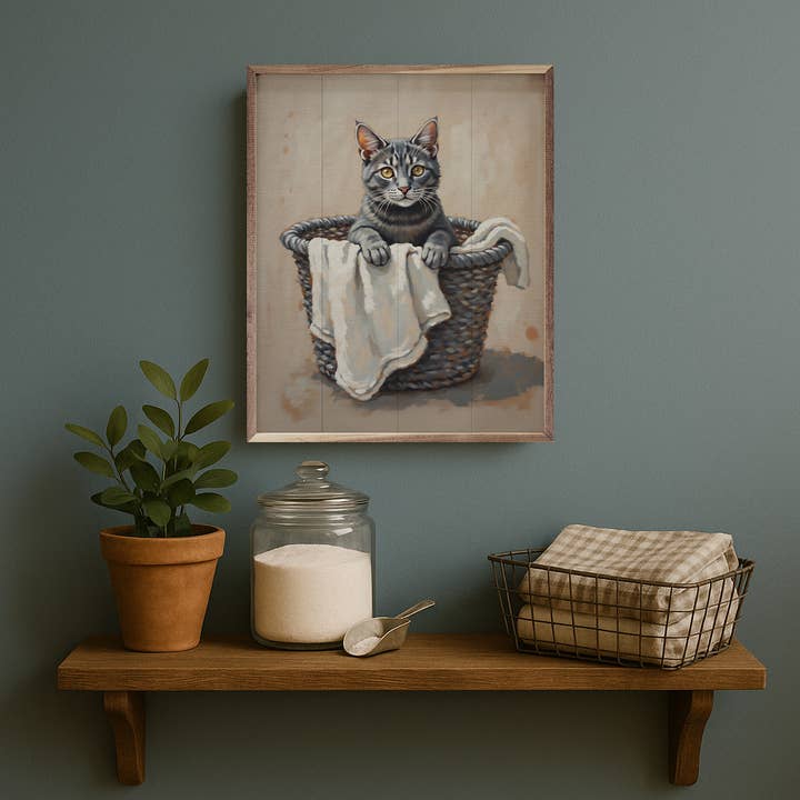 Kendrick Home - Wholesale Wood Wall Art - Gray Cat In Laundry Basket