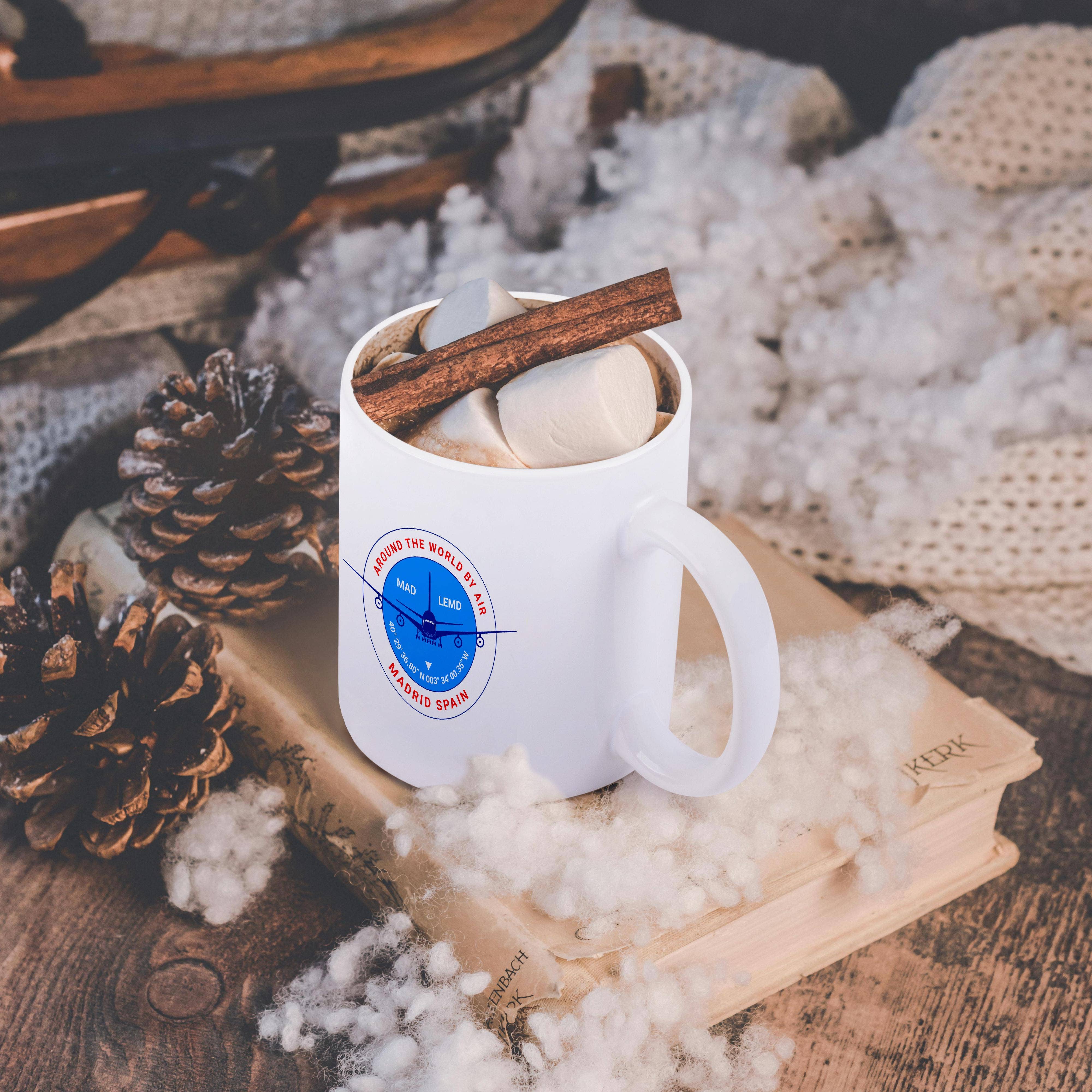 3dRose - Wholesale Coffee Mug - 3dRose, Round badge, a blue airliner. Red text Madrid Spain, coordinates, Mug11