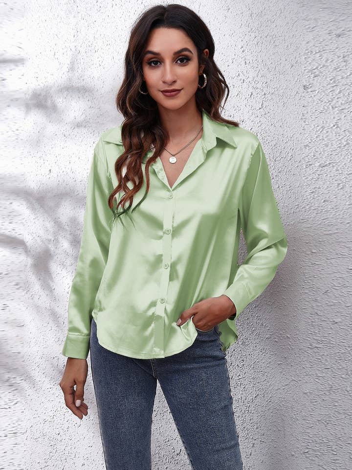 NINEXIS - Wholesale Button Down Shirt - Women's - CWTBLL0691_Button Down Silky Satin Long Sleeve Top24