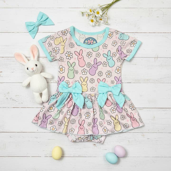 Pastel bamboo bunny romper dress with snap bottom for wholesale by Bow Beau Poppy