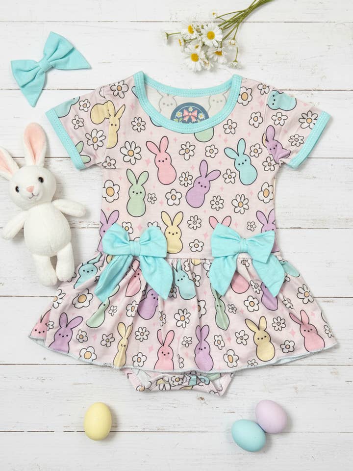 Pastel bamboo bunny romper dress with snap bottom for wholesale by Bow Beau Poppy