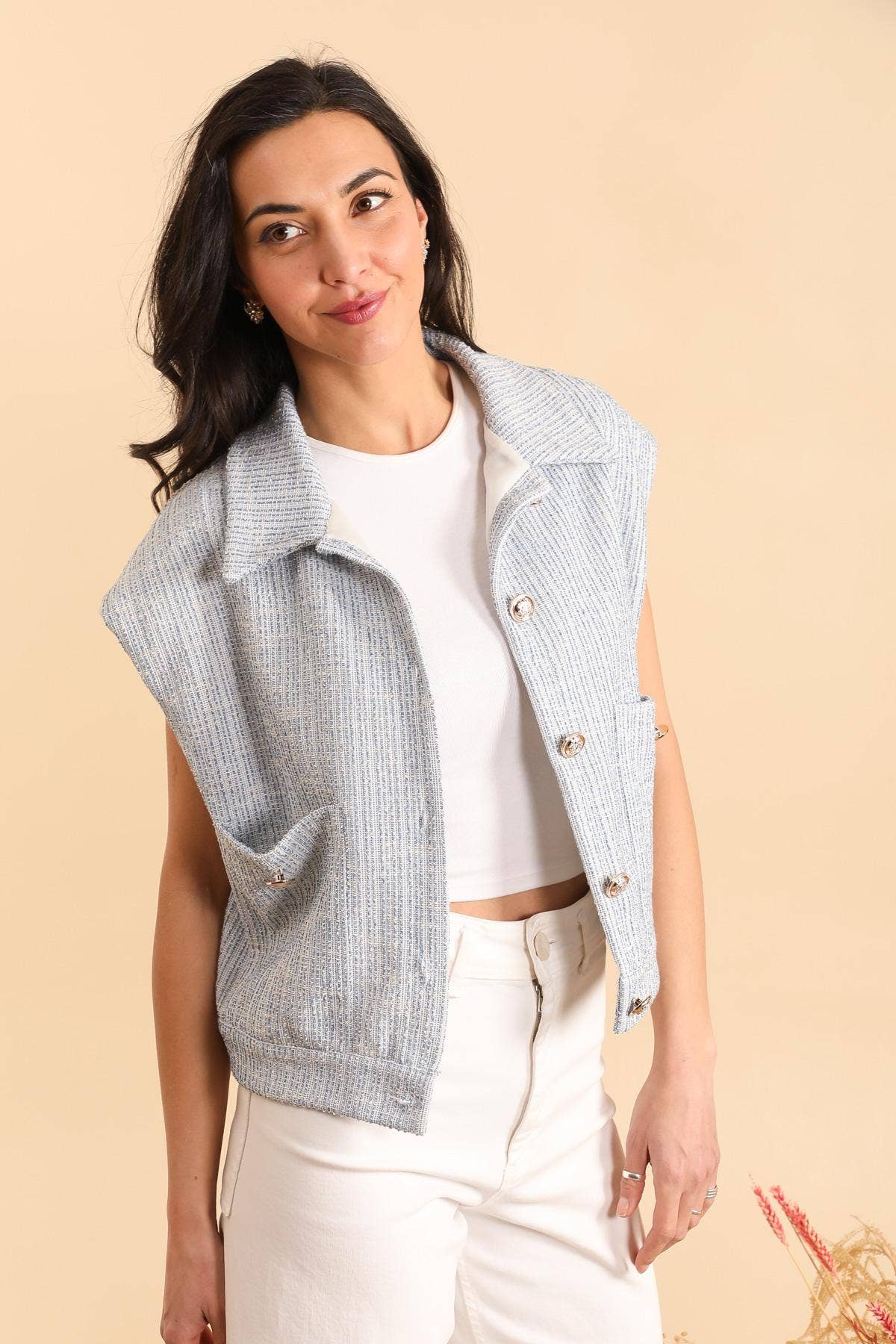 Attrait Paris – Blusão - Mulher por atacado – Casaco sem mangas de tweed com botões dourados0