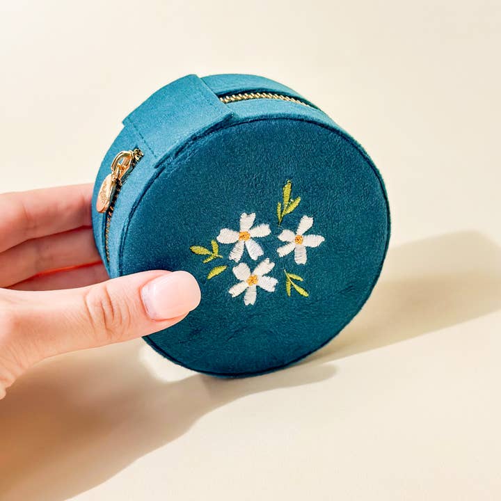 The Darling Effect - Wholesale Jewelry Box/Organizer - Round Velvet Jewelry Case-Floral Teal