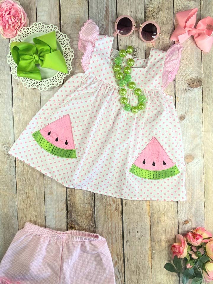 The Hair Bow Company - Wholesale Top & Short Set - Kids - Watermelon & Polka Dots Ruffled Shorts Set