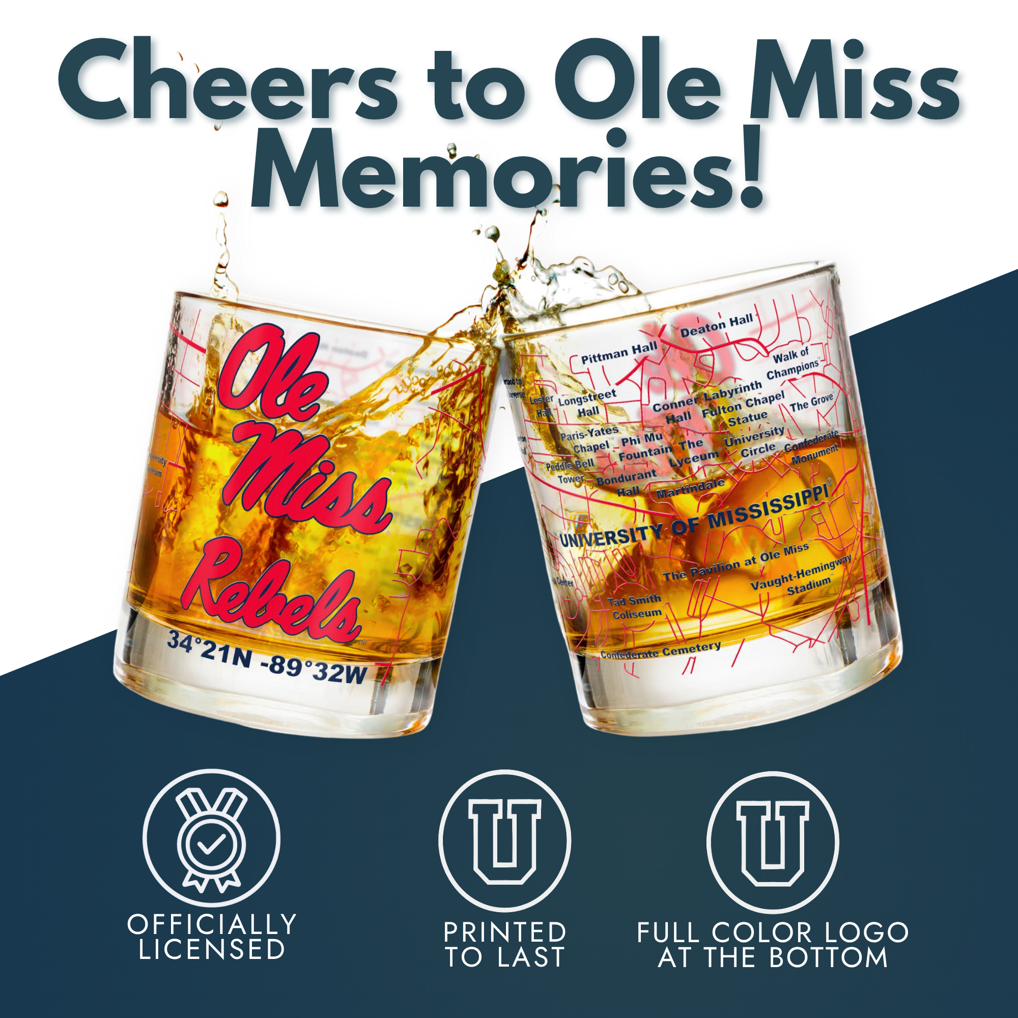 Greenline Goods - Wholesale Cocktail/Liquor Glass - University of Mississippi Rebels College Whiskey Glasses (Set of 2), 10 oz – Full-Color Logo + Campus Map5
