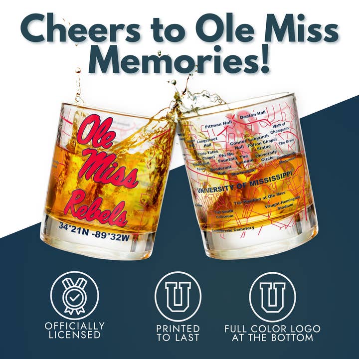 Greenline Goods - Wholesale Cocktail/Liquor Glass - University of Mississippi Rebels College Whiskey Glasses (Set of 2), 10 oz – Full-Color Logo + Campus Map5