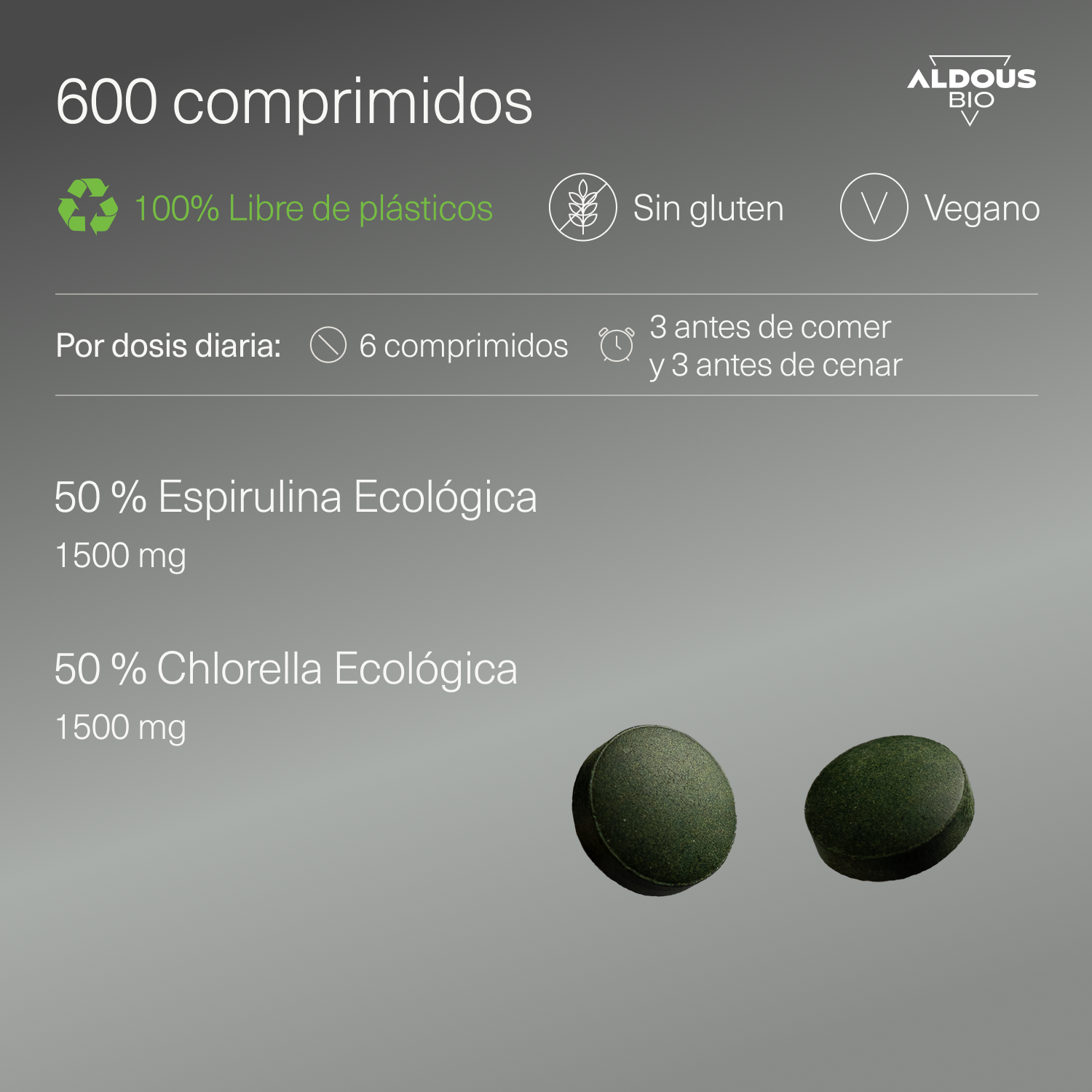 Aldous Bio - Venta al por mayor Suplementos/vitaminas para beber - Espirulina y Chlorella Aldous Bio | 600 comprimidos2