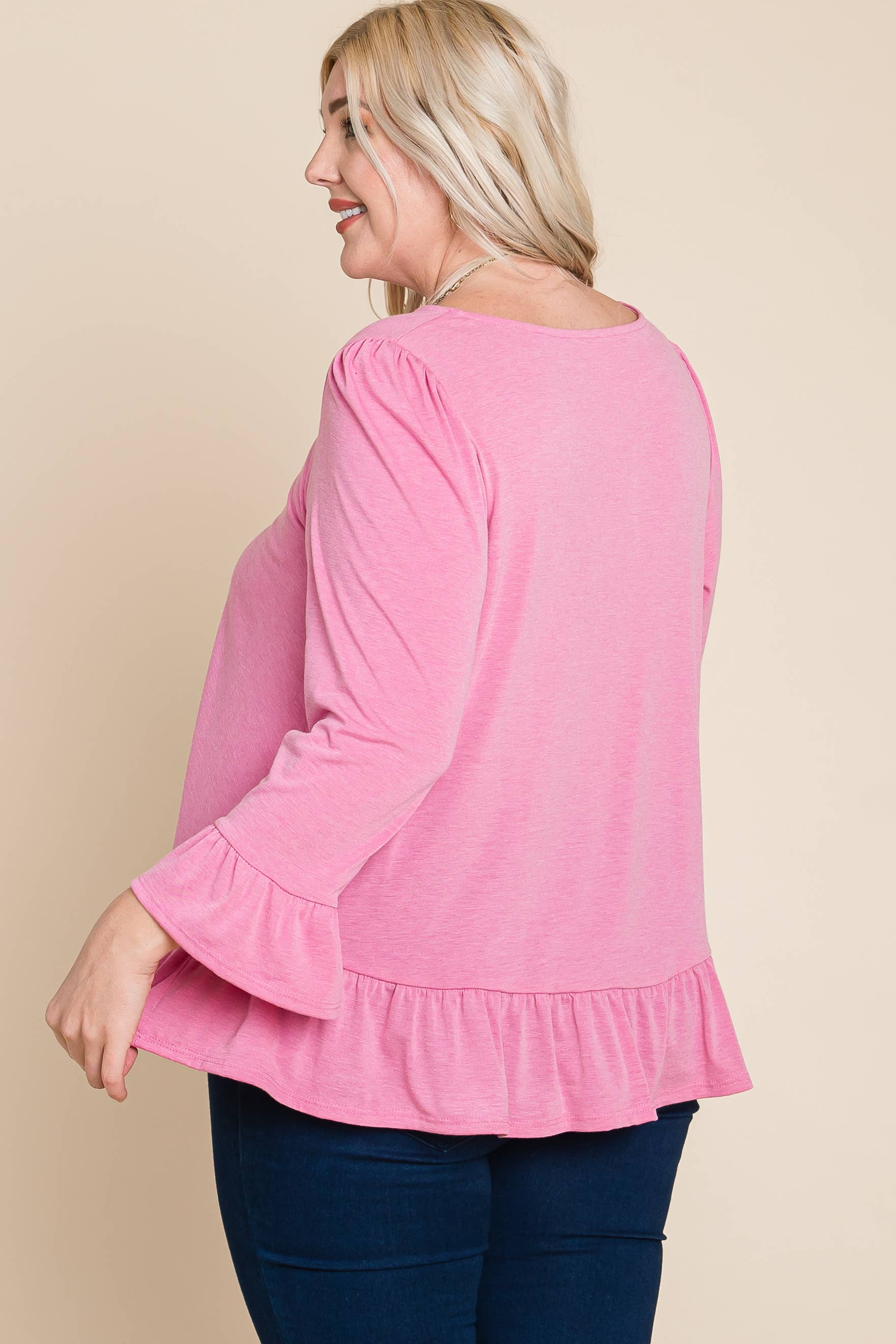 Emerald Collection - Wholesale Blouse - Women's - ETK-8690-PL Plus Size Babydoll Ruffle Hem Solid Top24