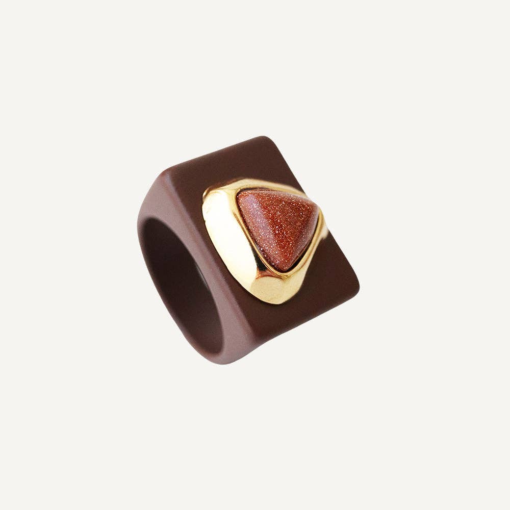 ÉMOLO - Wholesale Cocktail/gelegenheidsring - Grote bruine damesring met natuurlijke steen en glitter