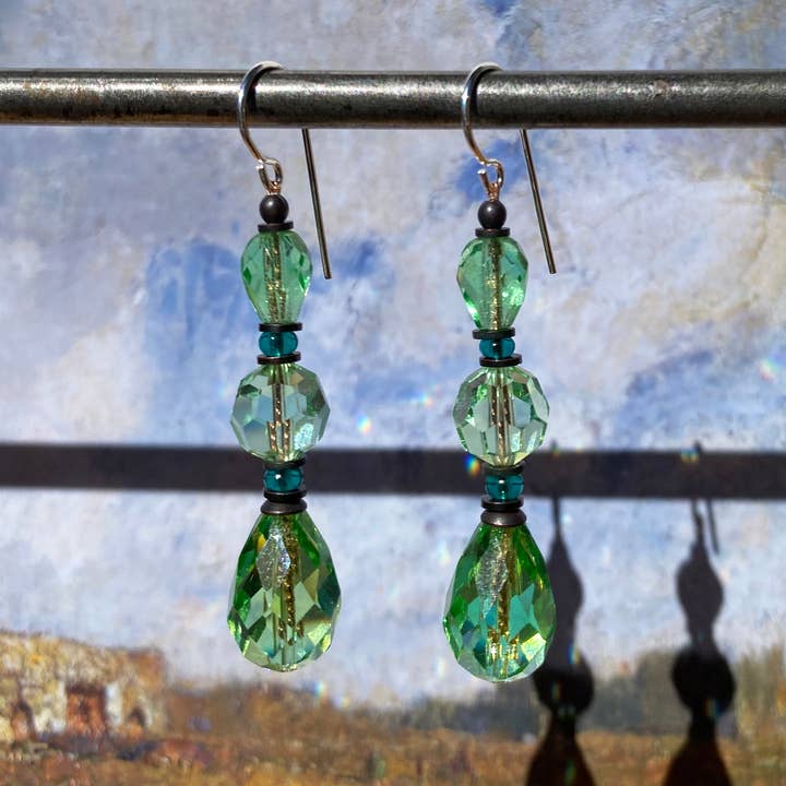 Owen Glass Collection - Wholesale Dangle Earrings - SPLASH 26 - PERIDOT CRYSTAL EARRINGS, CZECH GLASS, BRONZE2