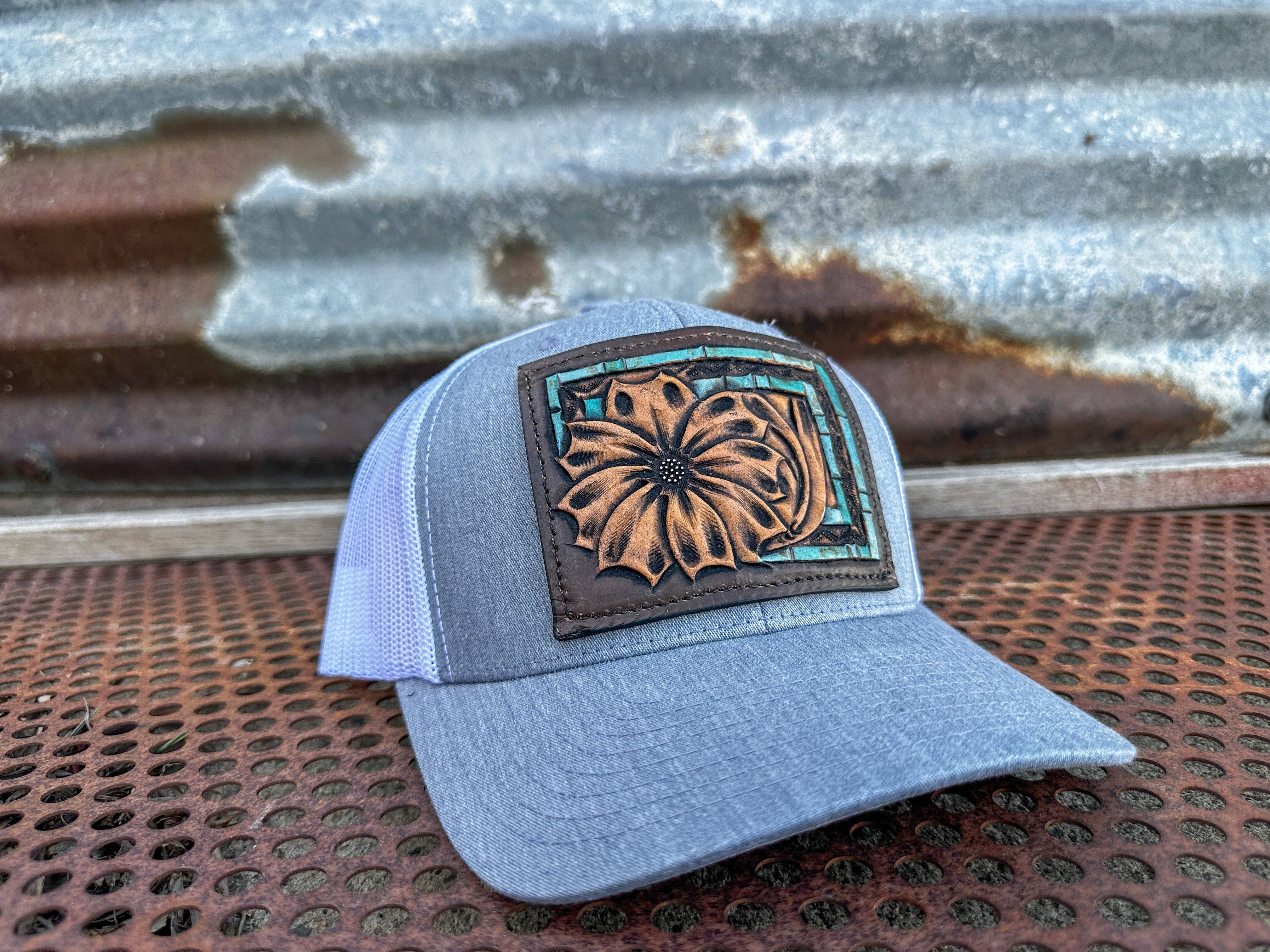 The Rodeo Rose – wholesale Trucker hat – Women’s – Daisy Handtooled Leather Patch Cap with Turquoise Southwestern Border Cowgirl Rodeo Western Cowboy1
