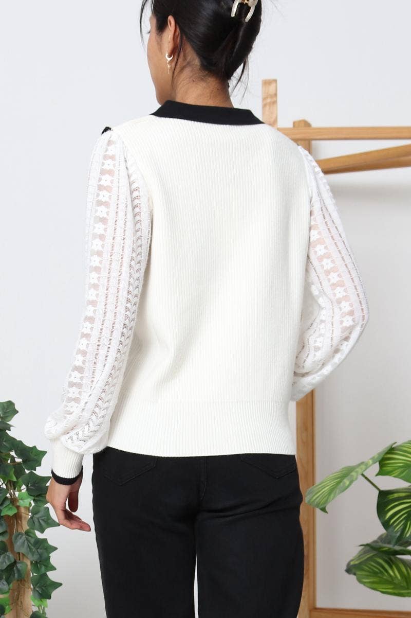 DIX-ONZE - Vendita all'ingrosso Cardigan - Donna - Cardigan con Colletto Claudine a Contrasto e Maniche in Pizzo6