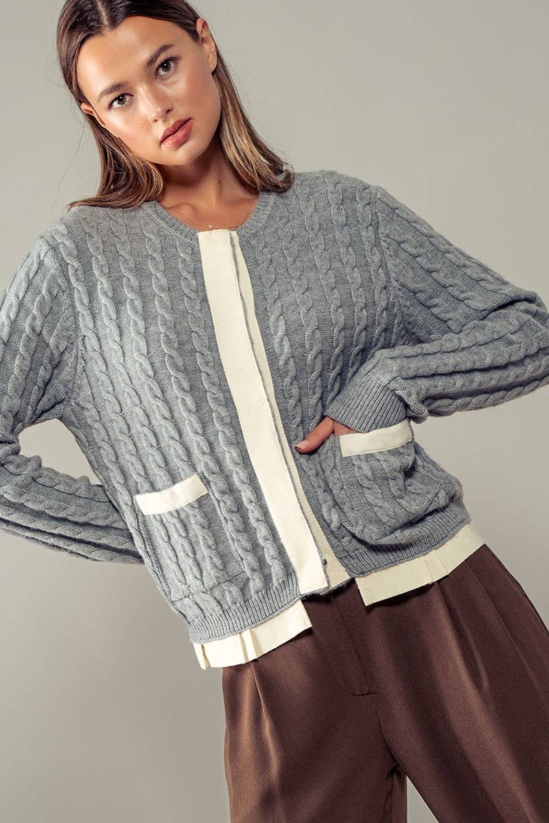 Urban Daizy - Wholesale Cardigan - Women's - Cable Knit Snap Front Ribbed Trim Long Sleeve Sweater14