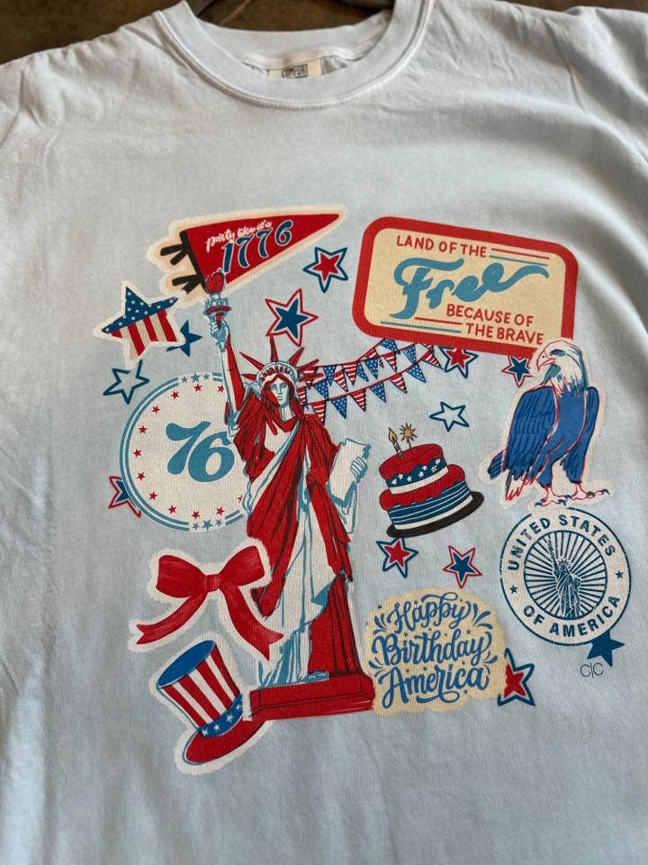 Whitney | Chaudoin Creations - Wholesale Screen Printed T-Shirt - Women's - USA STICKER PATCH TEE / 4th of July Graphic TEE2