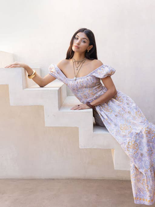 Block Printed Cotton Maxi Dress (Paloma: Buttermilk) for wholesale by The Fox and The Mermaid